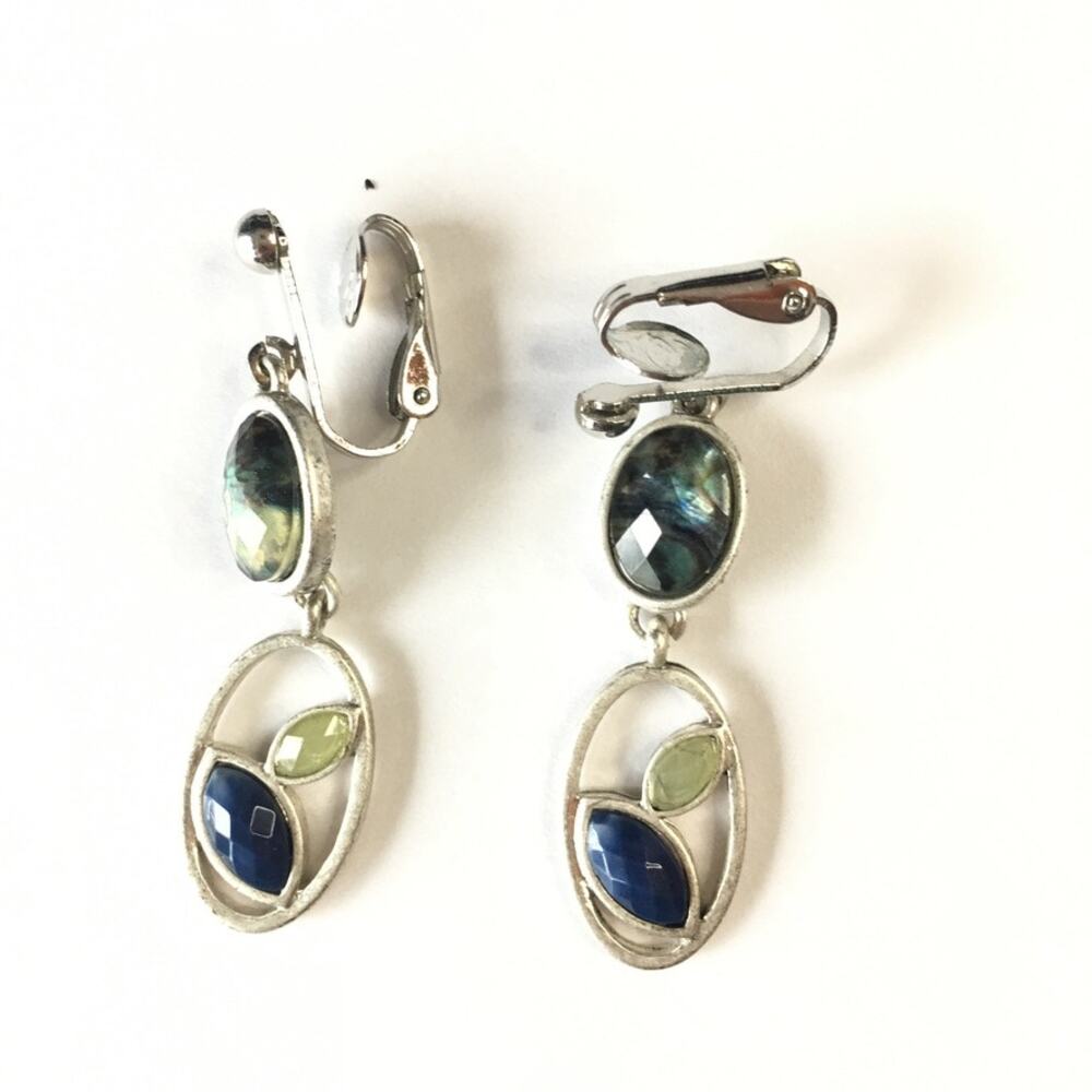 Matte silver tone green/blue accent clip-on earrings